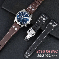 For IWC Pilot Genuine Leather Watchband 20mm 22mm 21mm Cowhide Wristband Rivets Folding Buckle Watch Strap Bracelet Accessories