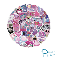 【Paper Play】創意多用途防水貼紙-紫色蒸氣波塗鴉女孩元素 50枚入(防水貼紙 行李箱貼紙 手機貼紙)