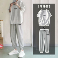 【超1韆迴頭客】夏季套裝男束腳休閒褲五分袖短袖T恤兩件套寬鬆休閒運動長褲套裝