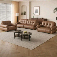 Sofa Tamu Kulit Coklat Mewah dengan Desain Button Tufted untuk Ruang Tamu Modern Sofa 321 Minimalis