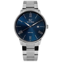EROS CERES / 簡約時尚 羅馬刻度 藍寶石水晶玻璃 日期 不鏽鋼手錶-藍色/43mm