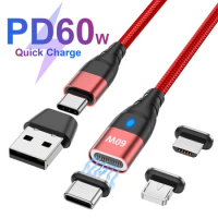 Magnetic Fast Charging Cable Magnet Data Cables 60W PD USB C USB To Type C Micro Lightning Charger Wire For iPhone 14 13 Samsung