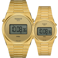 【TISSOT 天梭】官方授權 PRX Digital 數位石英對錶 母親節 禮物(T1374633302000+T1372633302000/金色)