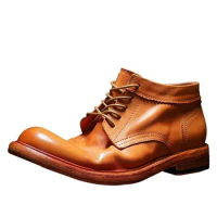 Real Horsehide High Top Work Shoes Men Lace Up Round Toe Genuine Leather Ankle Boots Handmade Vintage Moto Biker Safety Shoes