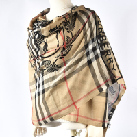 BURBERRY 馬術騎士圖徽剪影X經典格紋羊毛混絲輕盈圍巾 220X70cm-典藏米色