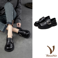 【Vecchio】真皮樂福鞋 牛皮樂福鞋/全真皮頭層牛皮寬楦舒適個性金屬釦飾休閒樂福鞋(黑)
