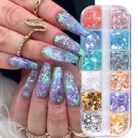 12 Color Fire Opal Nail Powder Flakes Aurora Glitter Sequins For Nails Sparkly Gel Polish Sticker 3D Manicure Accessories