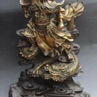 bi001661 100% Purple Bronze Gold Gilt Stand Dragon Guan Guan Yu Warrior God Buddha Statue