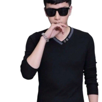 kaos V-neck panjang kerah double kancing Casual Atasan Knitwear Pria Motif