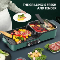 Barbecue Hot Pot Machine Household Smokeless BBQ Grill with Double Cooking Pans Electric Teppanyaki Table Top Grill