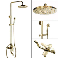 Shower Faucets Gold Brass Bathroom Shower Mixer Tap Faucet Set Rain Shower Head Round Wall Mounted Bathtub Faucet agf302
