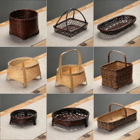 竹編果盤提籃碳化果盤茶具紫竹復古提籃長方形竹絲果盤果籃手工