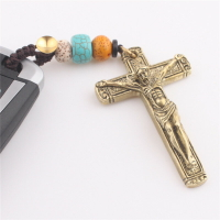 中國風純銅復古耶穌十字架創意手工編織繩吊墜黃銅汽車鑰匙扣掛件1入