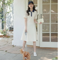 日系學院風polo領連身裙女夏季小個子拼色chic設計感中長裙子洋裝