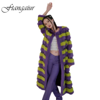 Ftangaiur Winter Coat For Women Import Velvet Mink Fur Coat Women's Cold Coats O-Neck Striped Rivet Long Feather Real Fur Coats