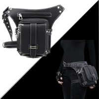 Steampunk Punk Retro Waist Bag PU Moto Biker Shoulder Gothic Messenger Bag Motorcycle Leg Bag Female Phone Bag Black Unisex