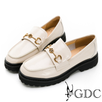 GDC-真皮石紋搖滾日系銅釦厚底鞋-米色