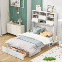 Queen Size Murphy Bed with Bookcase, Bedside Shelves and a Big Drawer, practical foldable double bed, junior bed, guest room bed