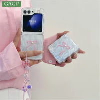 For Samsung Galaxy Z Flip 5 Phone Case Luxury Bow Knot Pearl Chain Lanyard Wave Soft Silicone Cover for Galaxy Z Flip 4 Flip 3