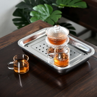 瀾揚家用客廳不銹鋼茶盤功夫茶具配件金屬蓄水大小茶臺長方形茶盤