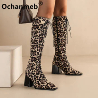 Ochanmeb Thick Block Heels Knee High Leopard Boots Women Lace-up Zipper Houndstooth Riding Boot Big Plus Size 47 48 Ladies Shoes