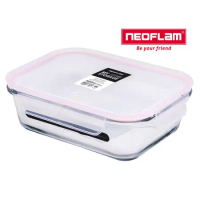 NEOFLAM 專利無膠條玻璃保鮮盒長型1000ml-白上蓋粉紅膠條