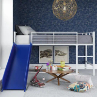 Junior Twin Metal Loft Bed with Slide, Multifunctional Design, Silver with Blue Slide Beds