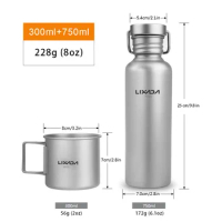 LIXADA 750ml Full Ti Water Bottle Ultralight Outdoor Camping Cycling Water Bottle with 300ml Ti Cup