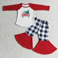 Toddler girl boutique Christmas costume set Christmas tree and trolley positioning top black and white plaid printing bell pants