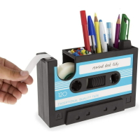 復古磁帶造型桌面收納筆架膠帶座切割器辦公文具創意個性學生筆筒-快速出貨