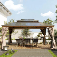 12x16ft Hardtop Gazebo, Permanent Outdoor Gazebo with Polycarbonate Double Roof, Aluminum Gazebo Pavilion with Curtain