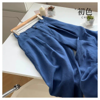 【初色】日系純色亞麻直筒休閒褲寬褲長褲-寶藍色-37238(M-2XL可選)
