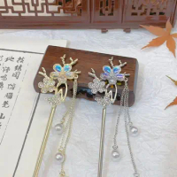 Pearl Tassel Flower Rhinestone Hair Stick Chinese Style Ancient Style Hair Sticks for Long Hair Hanfu Headwear Alloy