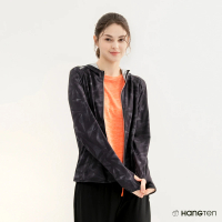 【Hang Ten】女裝-REGULAR FIT方格提織抗曬紗彈性連帽涼感外套(黑)