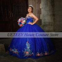Glitter Royal Blue Mexican Quinceanera Dresses Appliques Sequined Strapless Princess Ball Gowns Graduation Prom Dress