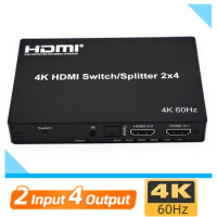 HDMI 2x4 Splitter Switch 4K 60Hz Remote IR 2 input 4 output HDMI Switch Switcher With Audio Extractor for 4 Screen Monitor Displ