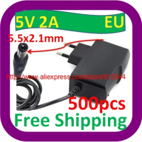 500 pcs Free Shipping 100V-240V Converter Adapter DC 5V 2A / 2000mA Power Supply EU Plug AC/DC 5.5 mm x 2.1mm