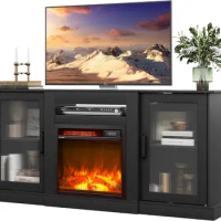 Fireplace Retro TV Stand for 65 inch TV, TV Console Cabinet with Storage, Open Shelves Entertainment Center for Living Room