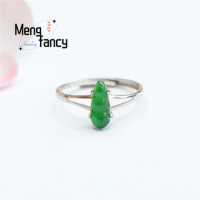 Natural S925 Silver Inlaid Jadeite Ice Type Kidney Bean Hollowed Out Carrier Ring Simple Elegant Personalized Fashion Jewelry
