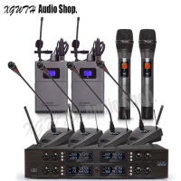 Digital UHF Wireless Microphone System with 4 Gooseneck Conference 2 Handheld 2 Lavalier Laval Microphone Bodypack Transmitter