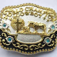 World Champion Cowboy With Diamonds Cross And Horse Western Belt Buckle Silver With Gold