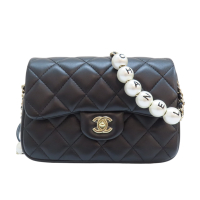 【二手名牌BRAND OFF】CHANEL 香奈兒 黑色 菱格紋羊皮 珍珠 鍊帶 肩背包