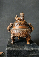 小葉黃楊木雕~貔貅獅子熏香爐擺飾，高10.5直徑8.5厘米，