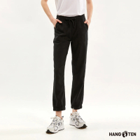 【Hang Ten】女裝-JOGGER FIT棉麻鬆緊腰頭抽繩透氣貼袋休閑束口長褲(黑)