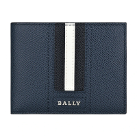 【BALLY】BALLY TVEYE金屬銀字LOGO條紋設計防刮牛皮6卡對折短夾(深藍x黑白黑條紋)