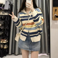 【巴黎精品】毛衣外套長袖針織衫-彩色條紋翻領夾克女外套a1dh108