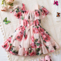 2024 Holiday Dress for Girls Print Dress Elegant Children Summer Casual Clothes Chiffon Kids Flower Tutu Princess Dresses 2-6Yrs