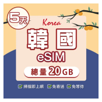 【環亞電訊】eSIM韓國5天總量20GB(24H自動發貨免等待免換卡 esim韓國 虛擬卡 韓國上網卡 環亞電訊)