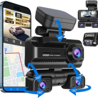 4 Channel 360° Front Rear Inside Dash Cam, 4K/2K/1080P Full HD Dash Camera for Cars, Free 128GB Card, Built-in Wi-Fi GPS Car