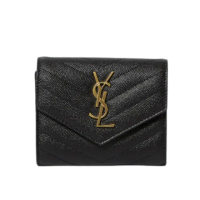 【YSL】SAINT LAURENT Cassandre 荔枝皮 皮革 三折開釦 短夾 卡夾 零錢包 黑色 金色 403943